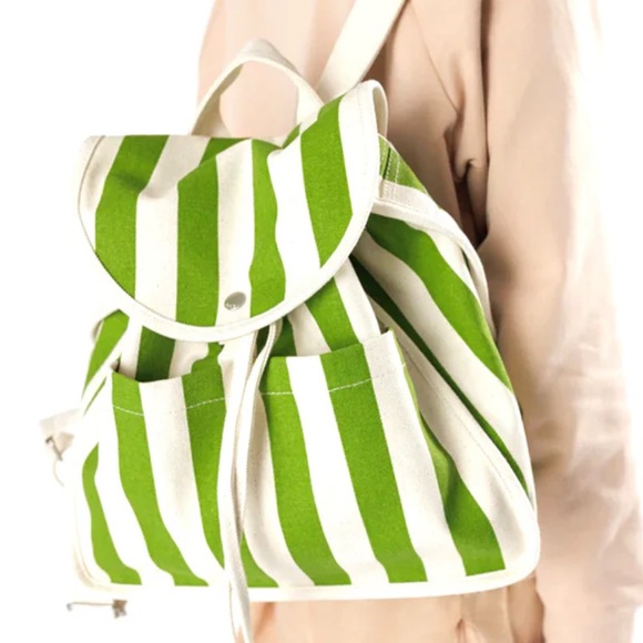 BAGGU Green Striped Canvas Backpack - Picture 2 of 4